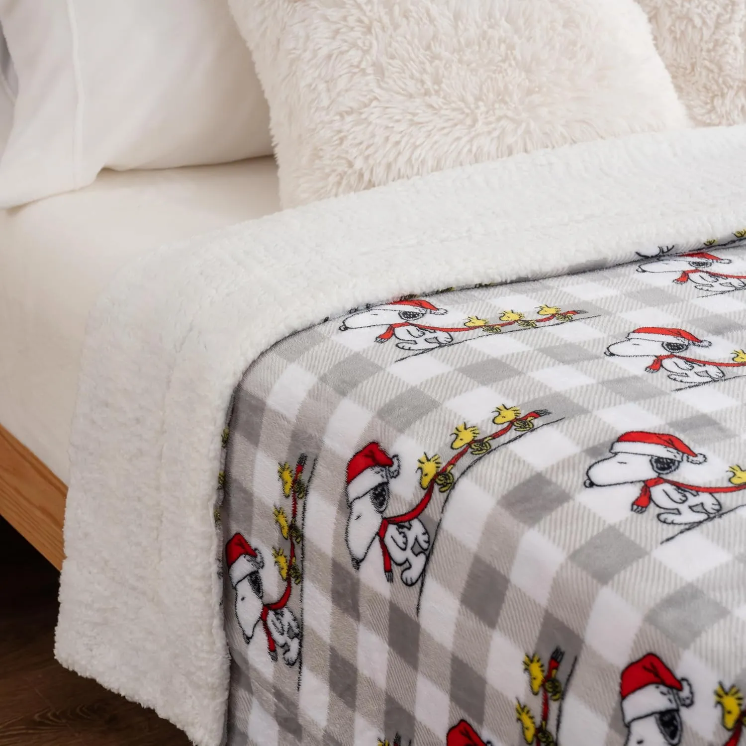 Berkshire Blanket Peanuts® Sherpa Blanket, 480gsm Warm Reversible Heavy Thick Blanket for Couch, Bed & Travel (Warm Snoopy Grey, King Size 90" x 108")