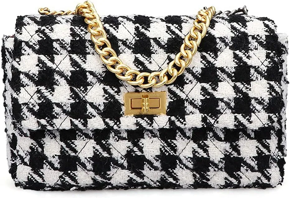BERTY·PUYI PU Leather Black And White Houndstooth Ladies Shoulder Bag Autumn And Winter Fashion Woolen Cloth Crossbody Bag