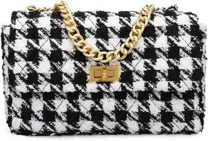 BERTY·PUYI PU Leather Black And White Houndstooth Ladies Shoulder Bag Autumn And Winter Fashion Woolen Cloth Crossbody Bag