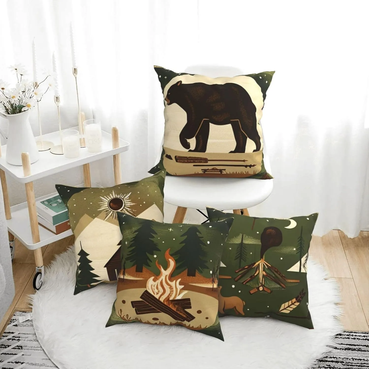Best Gifts Set of 4 Throw Pillow Cover Bear Adventure Mountains Arrow Campfire Outdoor Forest Trees Camping Travel Cushion Case Double-Sided Plush Material Decorative Pillowcase 18"X18" (Green 1)