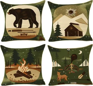 Best Gifts Set of 4 Throw Pillow Cover Bear Adventure Mountains Arrow Campfire Outdoor Forest Trees Camping Travel Cushion Case Double-Sided Plush Material Decorative Pillowcase 18"X18" (Green 1)