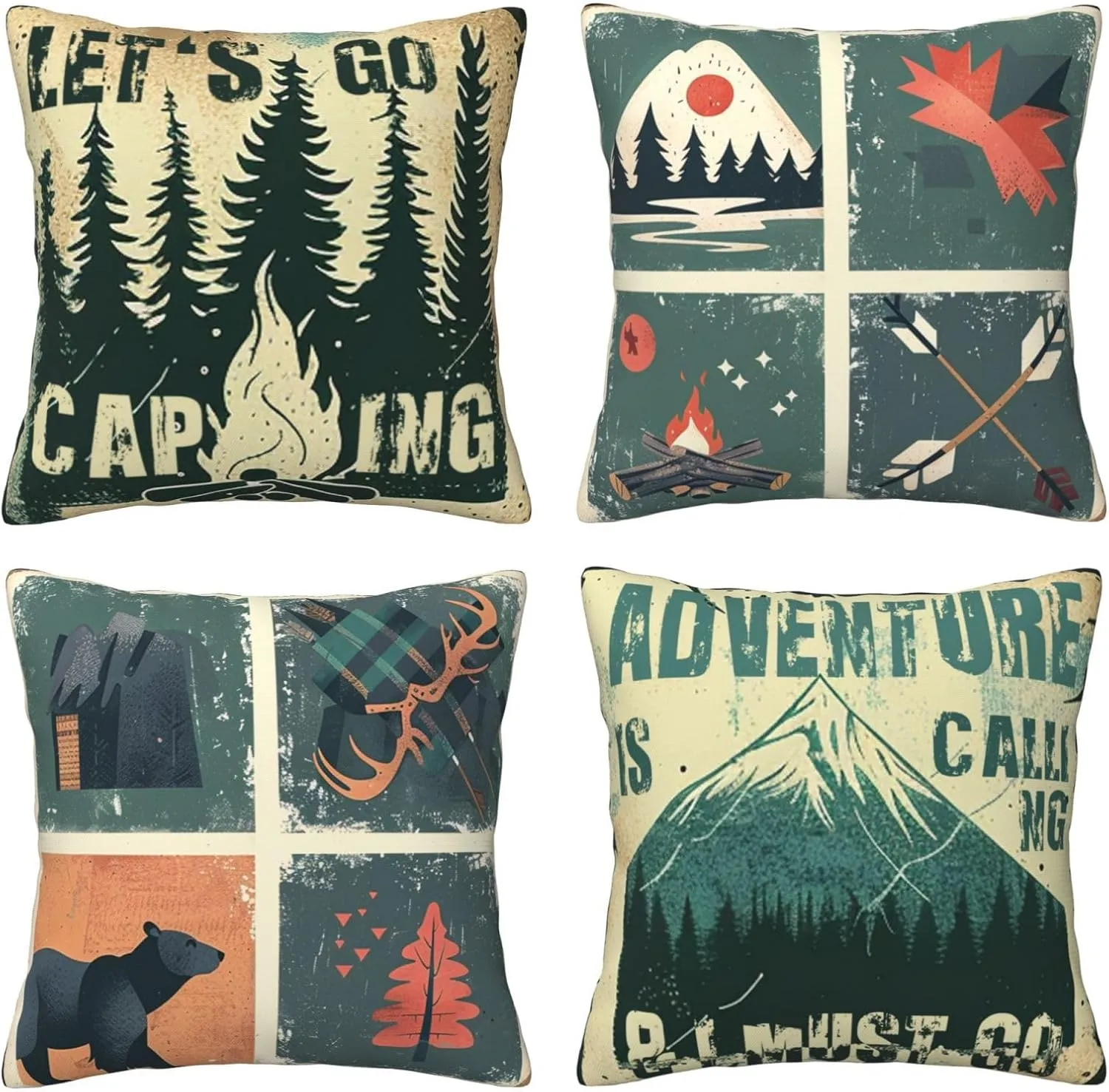 Best Gifts Set of 4 Throw Pillow Cover Bear Adventure Mountains Arrow Campfire Outdoor Forest Trees Camping Travel Cushion Case Double-Sided Plush Material Decorative Pillowcase 18"X18" (Green 3)