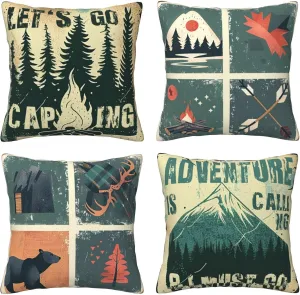Best Gifts Set of 4 Throw Pillow Cover Bear Adventure Mountains Arrow Campfire Outdoor Forest Trees Camping Travel Cushion Case Double-Sided Plush Material Decorative Pillowcase 18"X18" (Green 3)