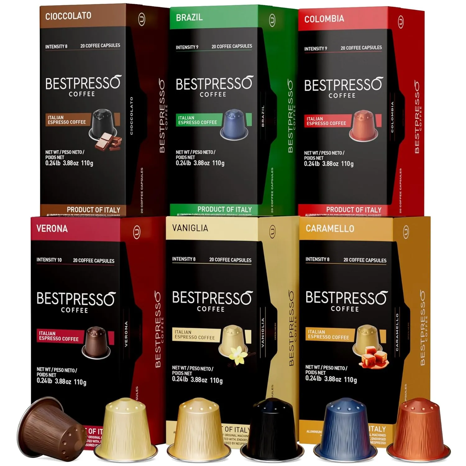 Bestpresso Coffee for Nespresso Original Machine 120 Aluminum pods Certified Genuine Espresso Variety Pack mix Flavored and Dark roast, Pods Compatible with Nespresso Original