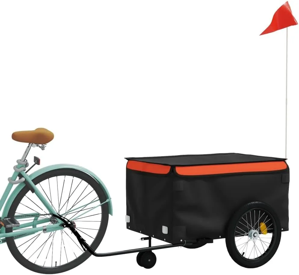 Bike Cart with Safety Flag, Bike Trailer Bicycle Cargo Trailer, Bike Wagon Trailer, Black and Orange 99.2 lb Iron, 53.9"x26.8"x23.2"