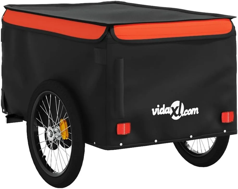 Bike Cart with Safety Flag, Bike Trailer Bicycle Cargo Trailer, Bike Wagon Trailer, Black and Orange 99.2 lb Iron, 53.9"x26.8"x23.2"