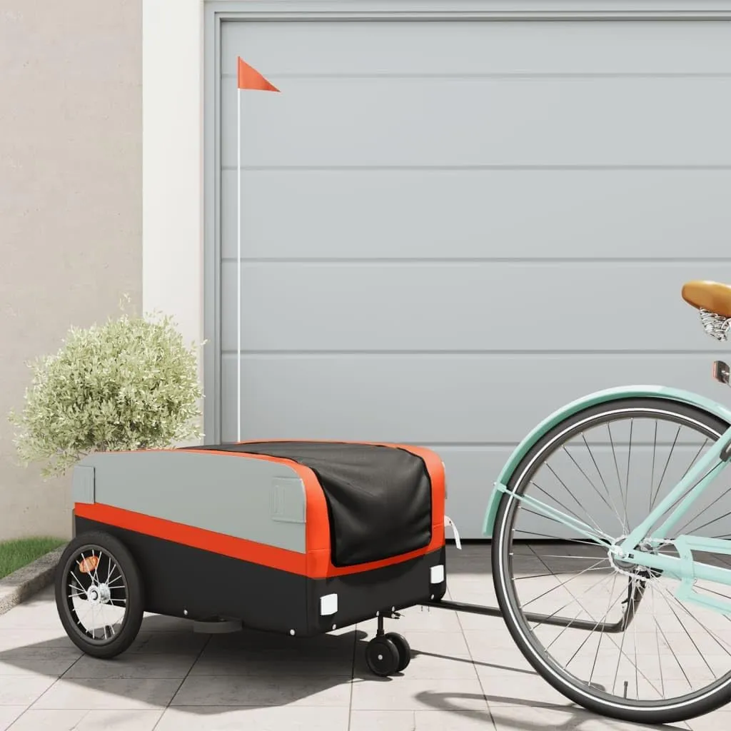Bike Trailer for Heavy Goods Transport, Sturdy Iron Construction, Black and Orange, Includes Safety Flag