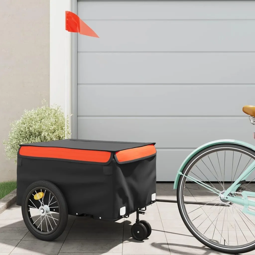 Bike Trailer with High Load Capacity, Sturdy Iron Construction, and Safety Flag, Black and Orange