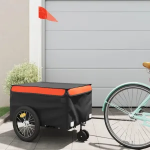 Bike Trailer with High Load Capacity, Sturdy Iron Construction, and Safety Flag, Black and Orange