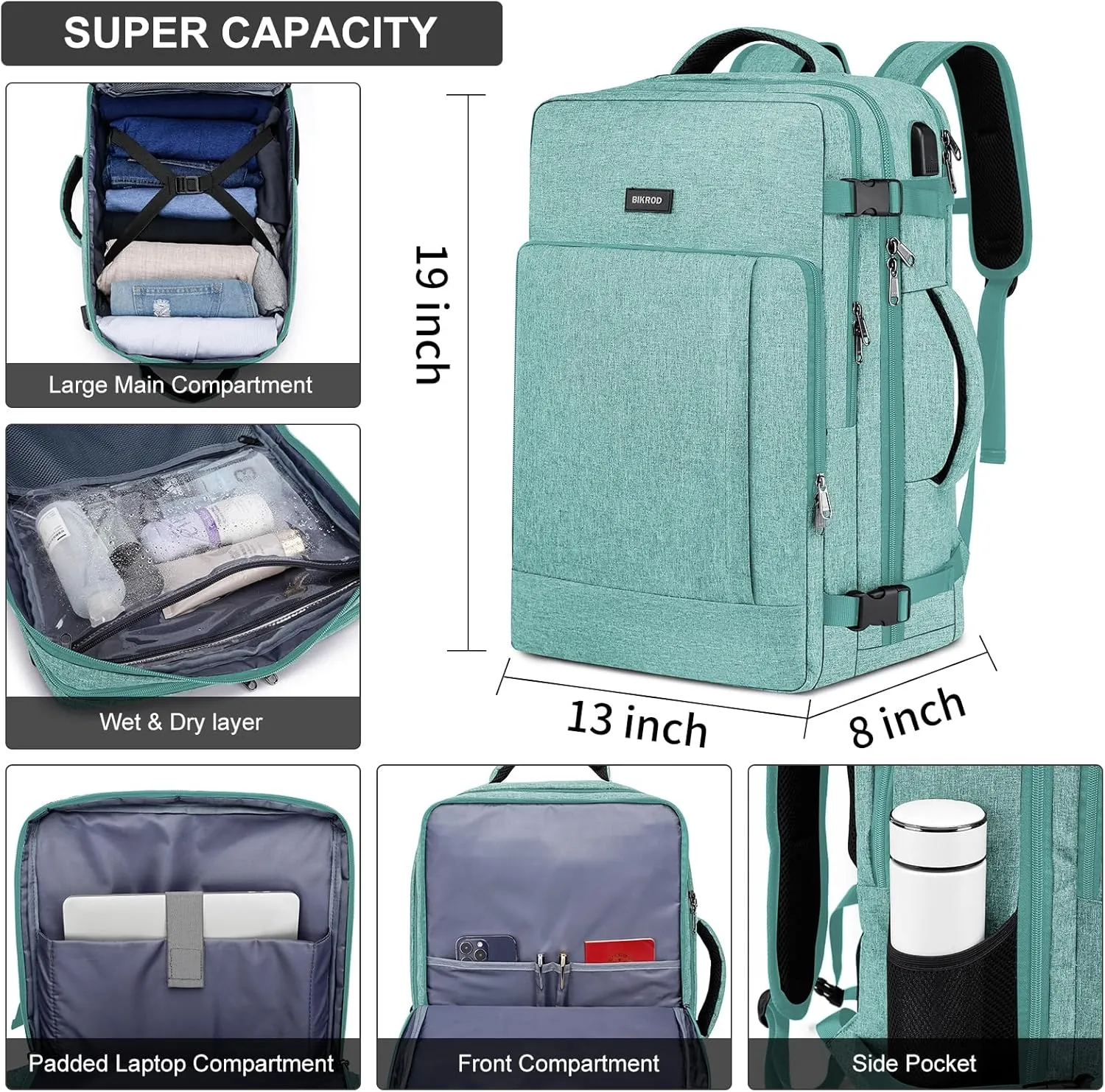 BIKROD Travel Backpack for Men and Women, Extra Large Flight Approved Carry on Backpack with Sturdy Zipper, 17.3 Inch Laptop Backpack with USB Charger Port & Luggage Sleeve, Teal