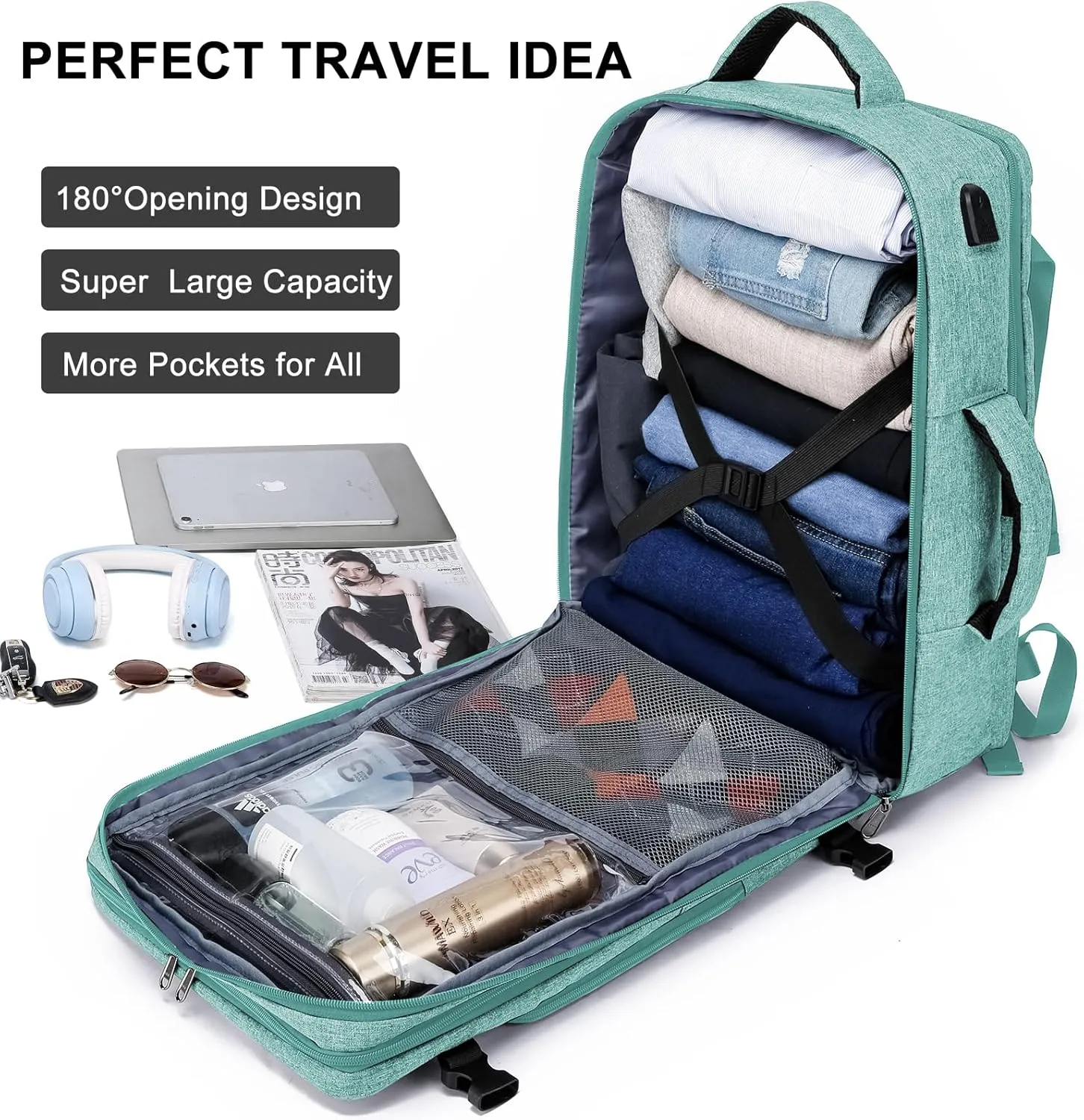 BIKROD Travel Backpack for Men and Women, Extra Large Flight Approved Carry on Backpack with Sturdy Zipper, 17.3 Inch Laptop Backpack with USB Charger Port & Luggage Sleeve, Teal
