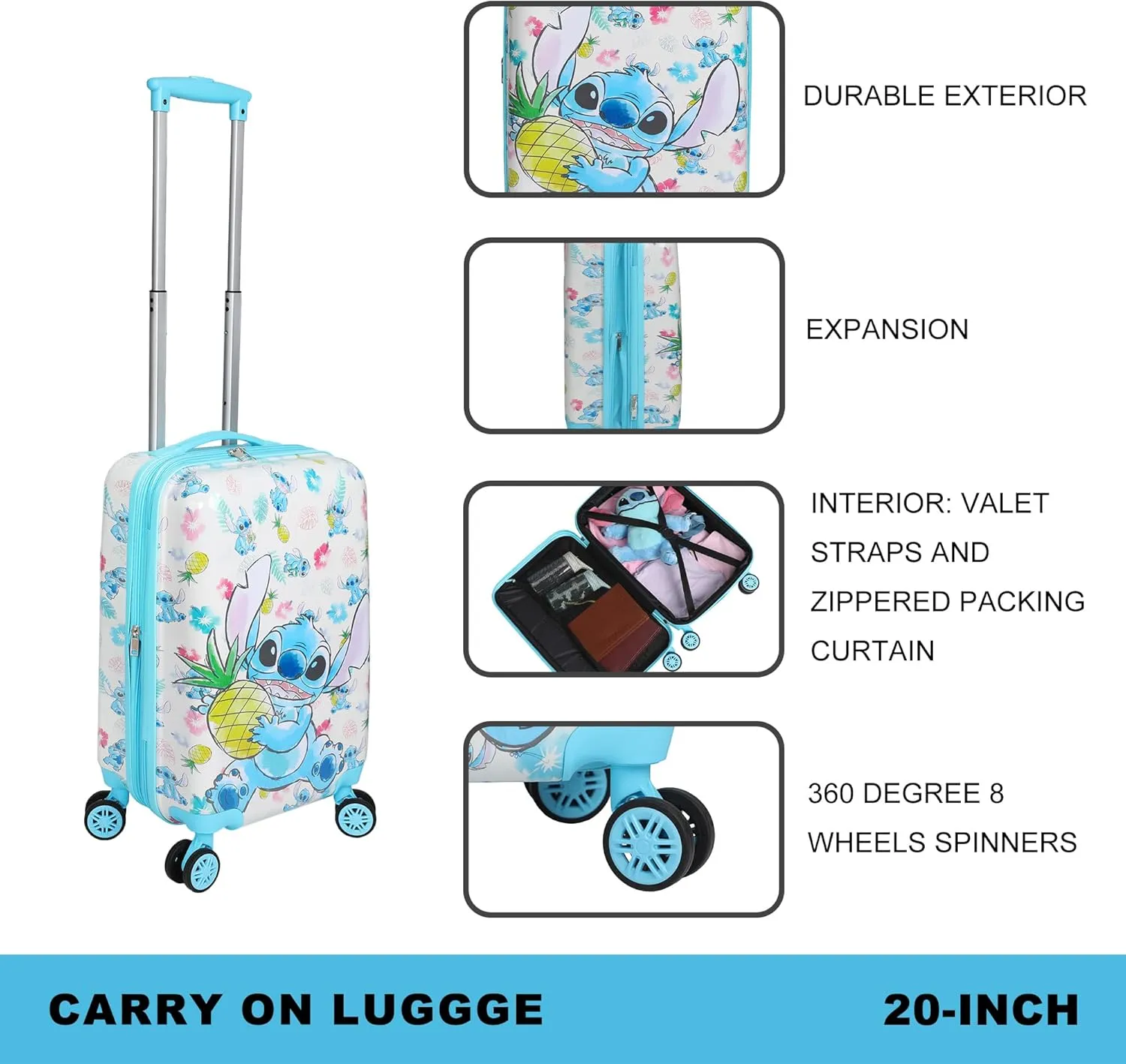 Bioworld Lilo & Stitch Stitch With Pineapple 20" White Carry-On Luggage-OSFA