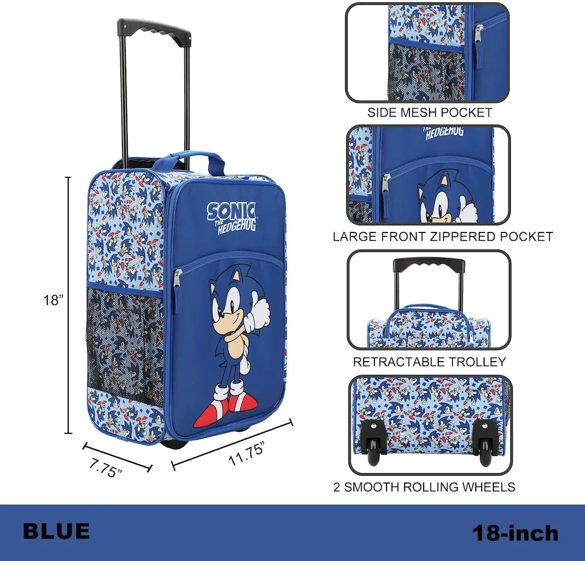 Bioworld Sonic The Hedgehog Thumbs Up Blue 18" Soft-Sided Luggage