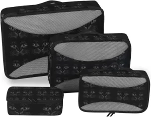 Black Cat Face on Dark 4 PCs Set Packing Bags, Luggage Organizer Bag, Portable Cube Toiletry bag, Durable Travel Cosmetic Storage Bag for Men Women
