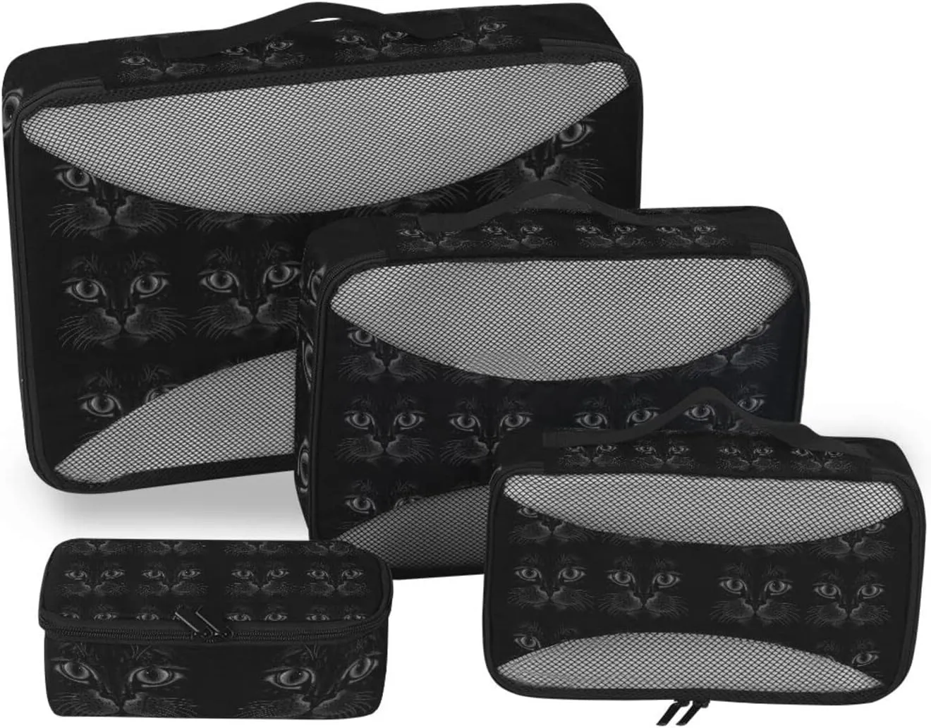 Black Cat Face on Dark 4 PCs Set Packing Bags, Luggage Organizer Bag, Portable Cube Toiletry bag, Durable Travel Cosmetic Storage Bag for Men Women