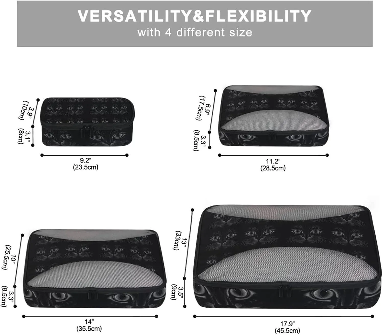 Black Cat Face on Dark 4 PCs Set Packing Bags, Luggage Organizer Bag, Portable Cube Toiletry bag, Durable Travel Cosmetic Storage Bag for Men Women