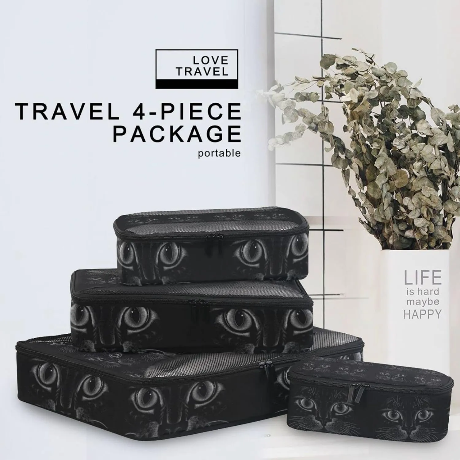 Black Cat Face on Dark 4 PCs Set Packing Bags, Luggage Organizer Bag, Portable Cube Toiletry bag, Durable Travel Cosmetic Storage Bag for Men Women