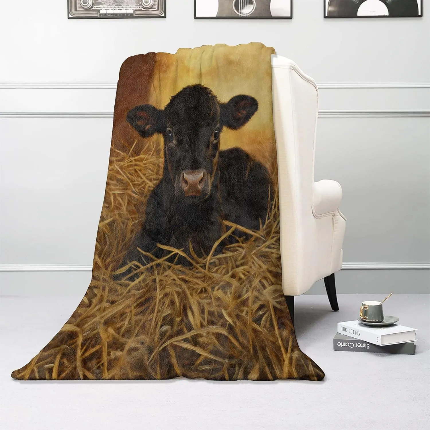 Black Cow in Haystack Blanket, Soft Warm Cozy Flannel Throw - Plush Lightweight Blankets for Travel, Decor, Bedroom, Office, Sofa - Gifts for Adults Kids Women Men All Seasons 60"×50"
