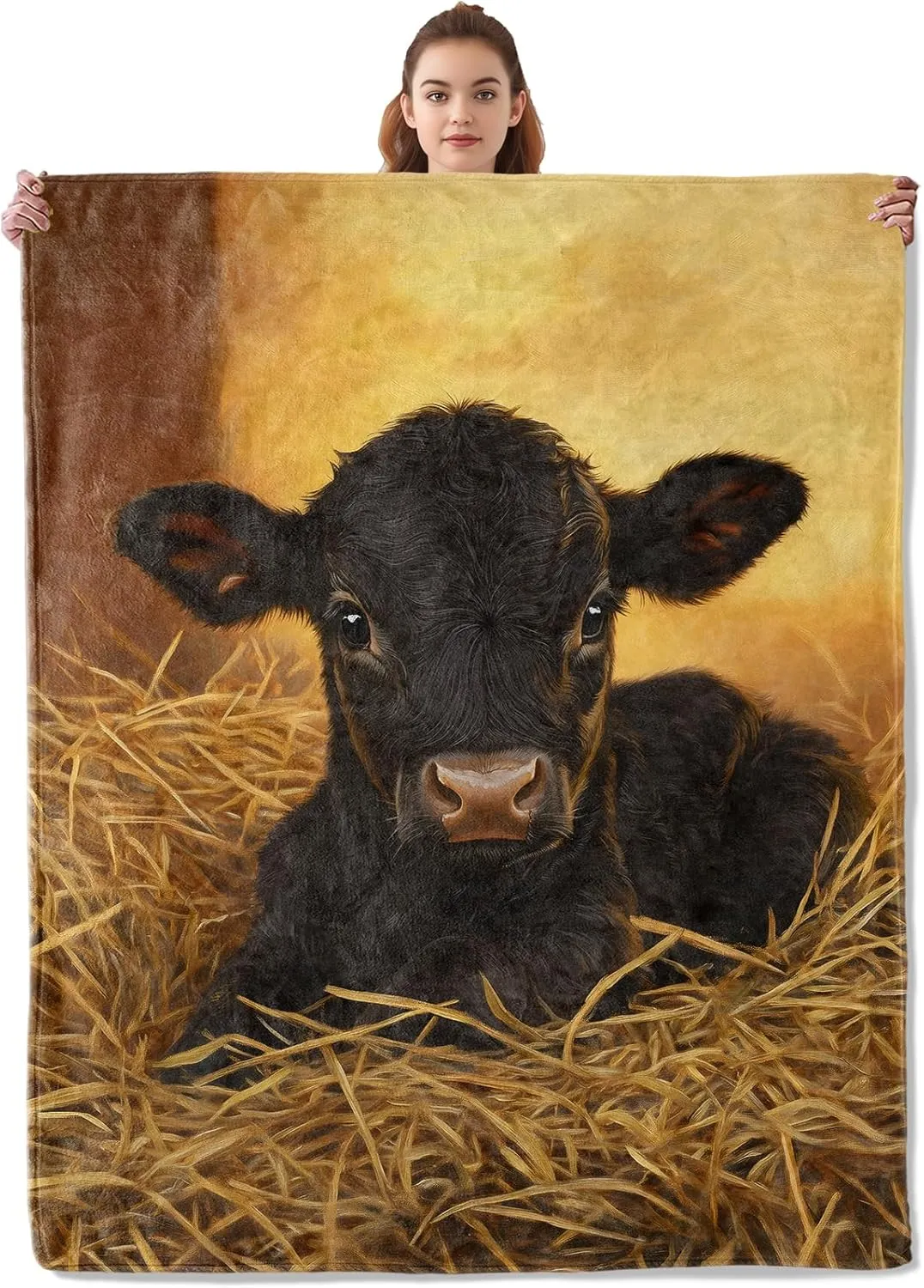 Black Cow in Haystack Blanket, Soft Warm Cozy Flannel Throw - Plush Lightweight Blankets for Travel, Decor, Bedroom, Office, Sofa - Gifts for Adults Kids Women Men All Seasons 60"×50"
