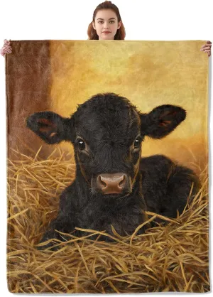 Black Cow in Haystack Blanket, Soft Warm Cozy Flannel Throw - Plush Lightweight Blankets for Travel, Decor, Bedroom, Office, Sofa - Gifts for Adults Kids Women Men All Seasons 60"×50"