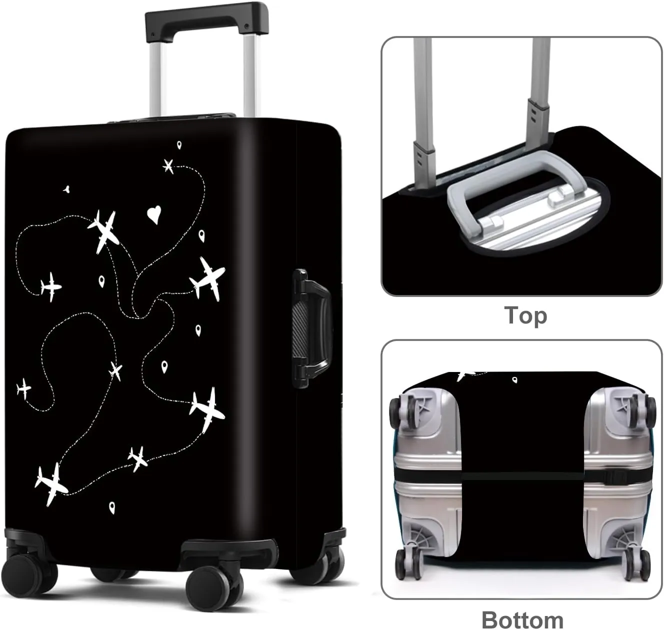 Black Suitcase Cover with World Travel Airline Design, Luggage Protector, Fit for 22-25Inch Luggage Durable Travel Bag Cover with Zipper Closure