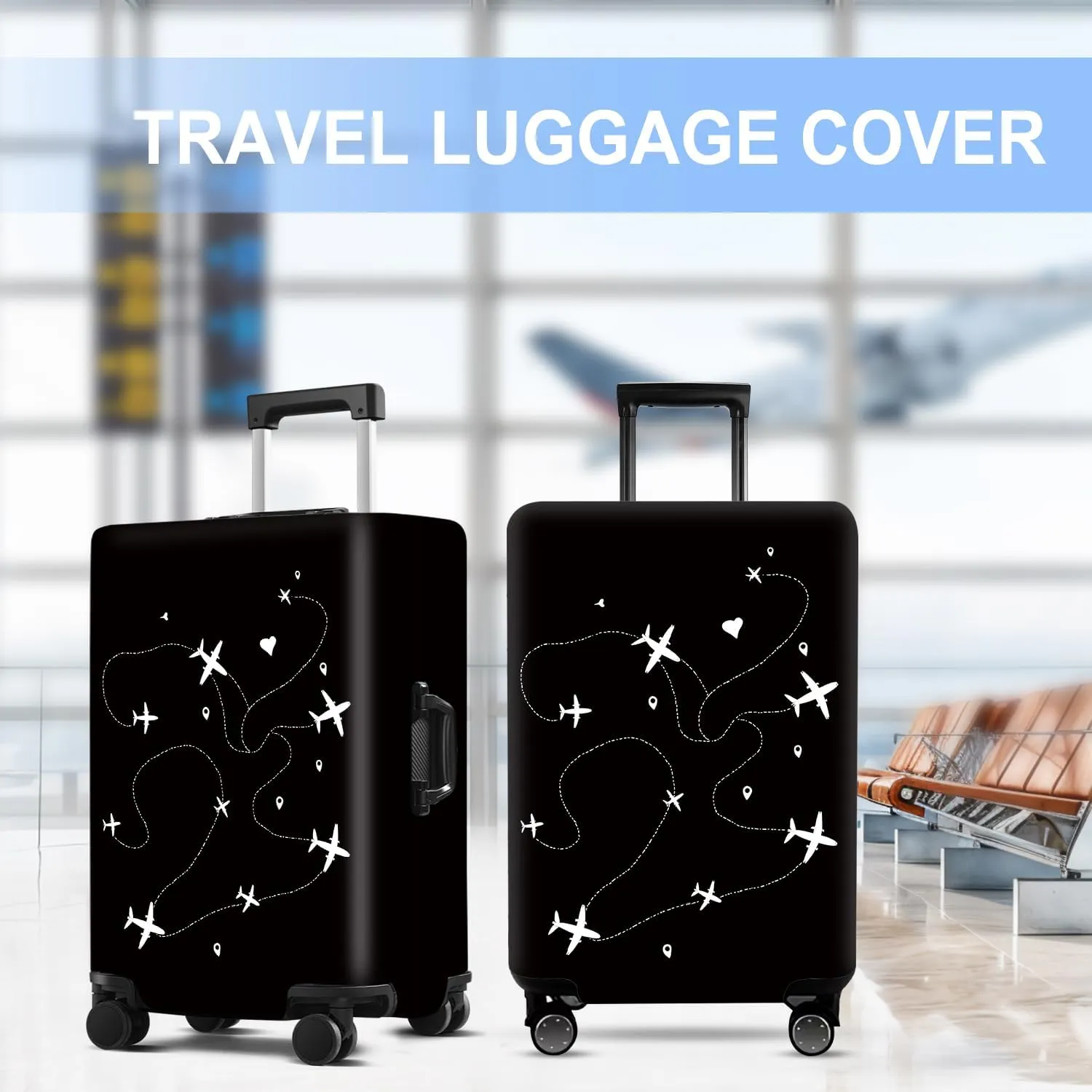 Black Suitcase Cover with World Travel Airline Design, Luggage Protector, Fit for 22-25Inch Luggage Durable Travel Bag Cover with Zipper Closure
