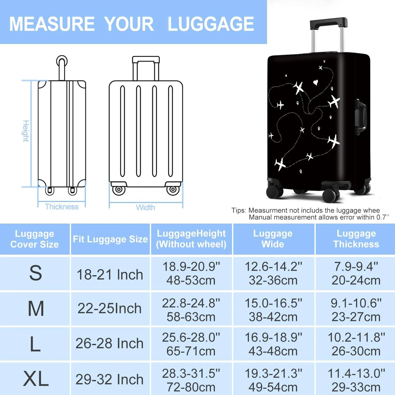 Black Suitcase Cover with World Travel Airline Design, Luggage Protector, Fit for 22-25Inch Luggage Durable Travel Bag Cover with Zipper Closure