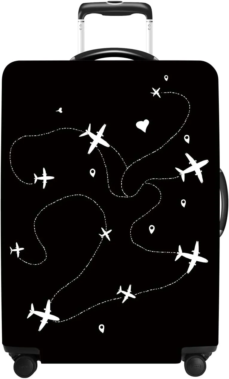 Black Suitcase Cover with World Travel Airline Design, Luggage Protector, Fit for 22-25Inch Luggage Durable Travel Bag Cover with Zipper Closure
