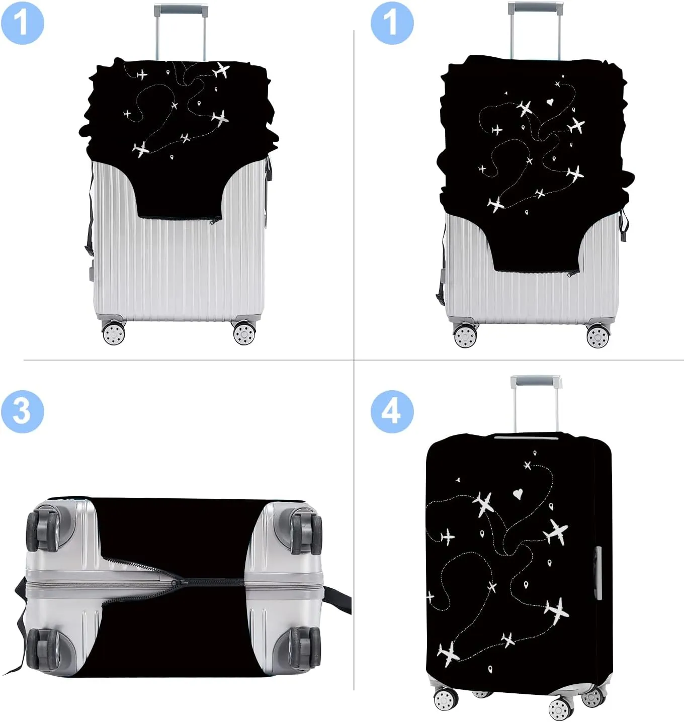 Black Suitcase Cover with World Travel Airline Design, Luggage Protector, Fit for 22-25Inch Luggage Durable Travel Bag Cover with Zipper Closure