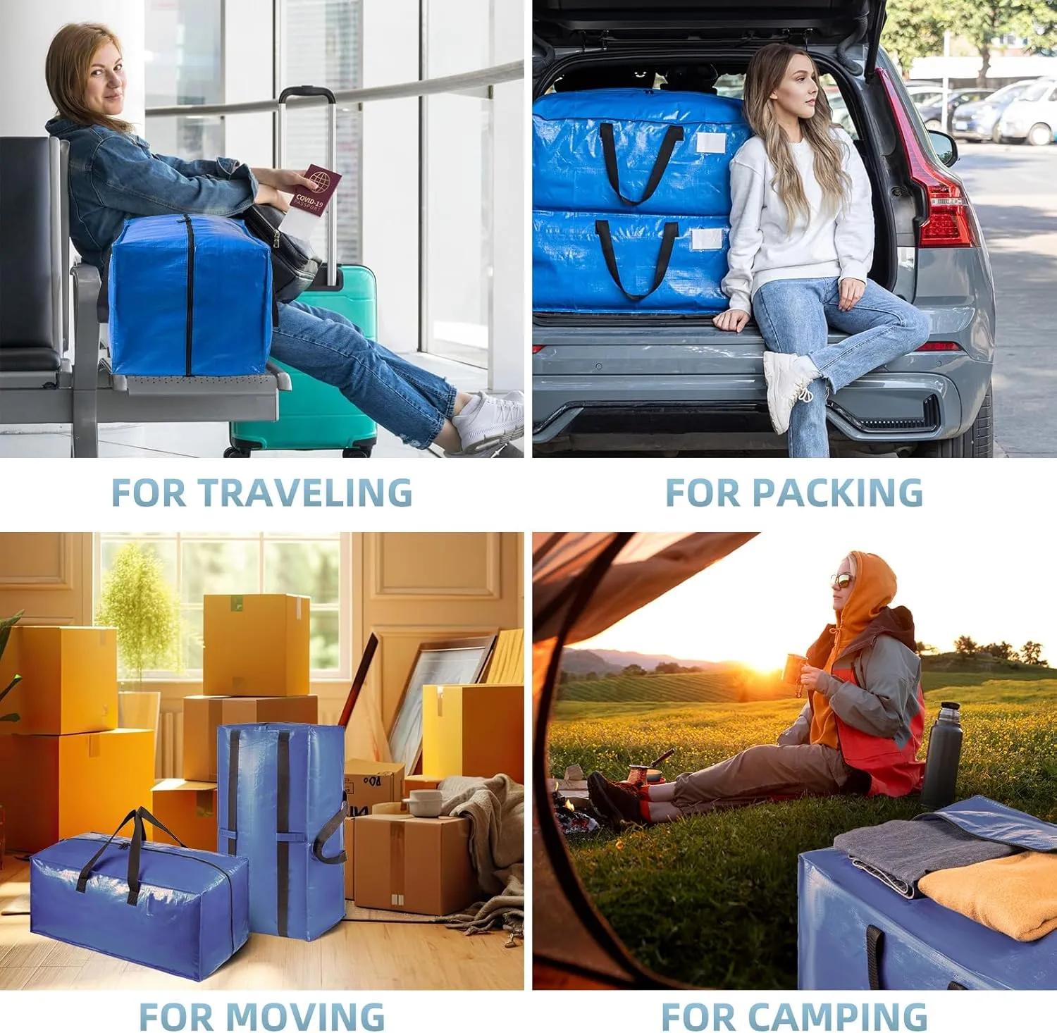 Blue 6 Packs Extra Large Moving Bags with Backpack Straps & Carrying Handles, Heavy-Duty Moving Boxes with Sturdy Zippers, Foldable Storage Totes for Dorm College Packing Supplies