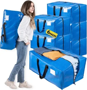Blue 6 Packs Extra Large Moving Bags with Backpack Straps & Carrying Handles, Heavy-Duty Moving Boxes with Sturdy Zippers, Foldable Storage Totes for Dorm College Packing Supplies