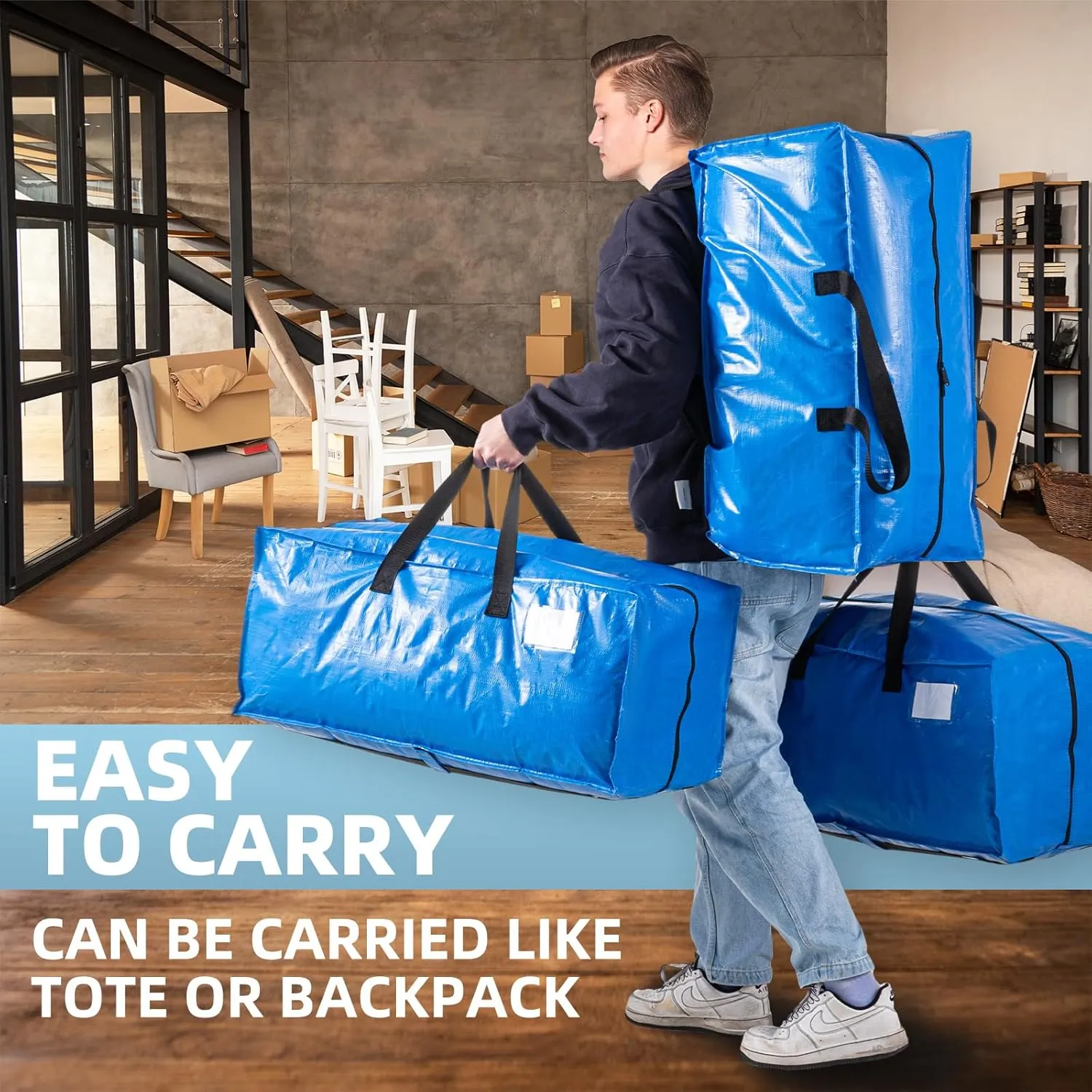 Blue 6 Packs Extra Large Moving Bags with Backpack Straps & Carrying Handles, Heavy-Duty Moving Boxes with Sturdy Zippers, Foldable Storage Totes for Dorm College Packing Supplies