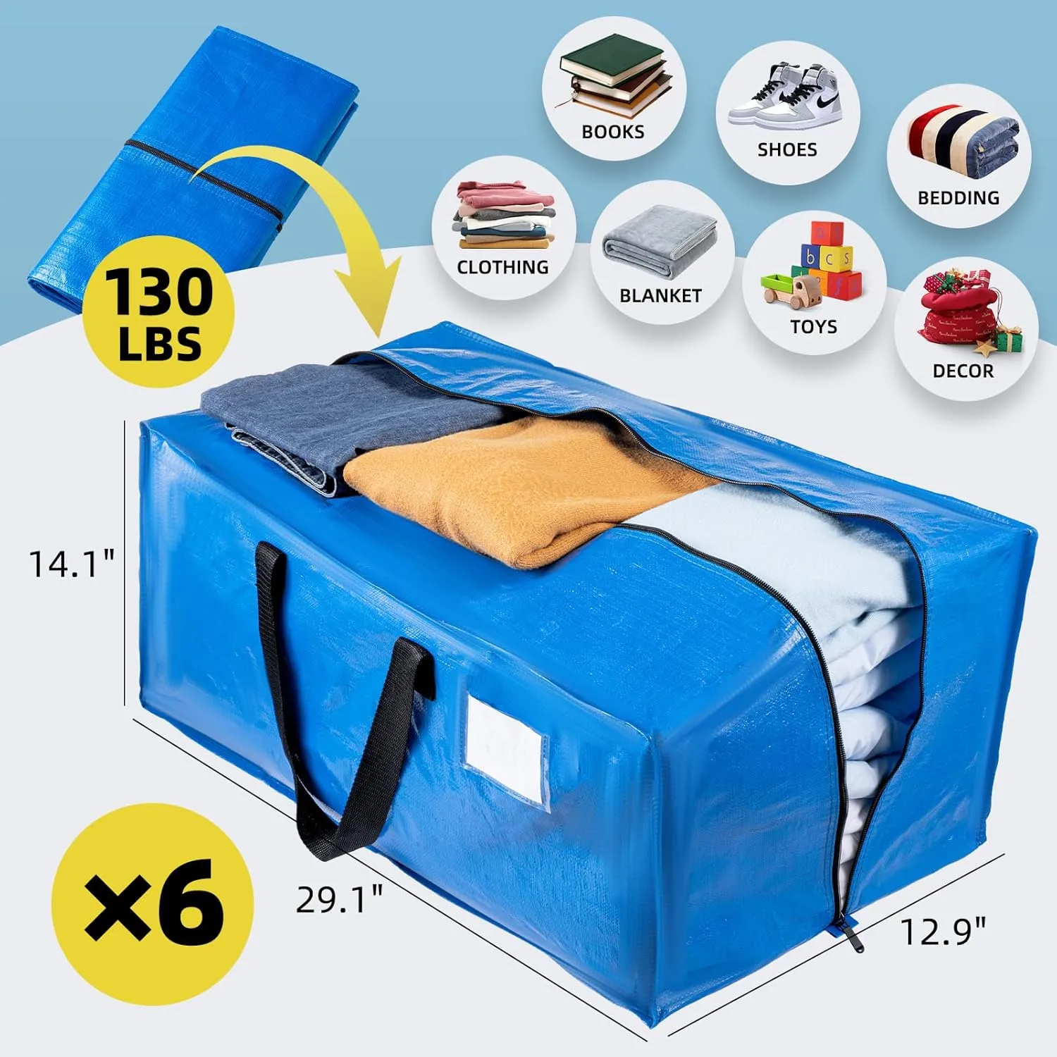Blue 6 Packs Extra Large Moving Bags with Backpack Straps & Carrying Handles, Heavy-Duty Moving Boxes with Sturdy Zippers, Foldable Storage Totes for Dorm College Packing Supplies