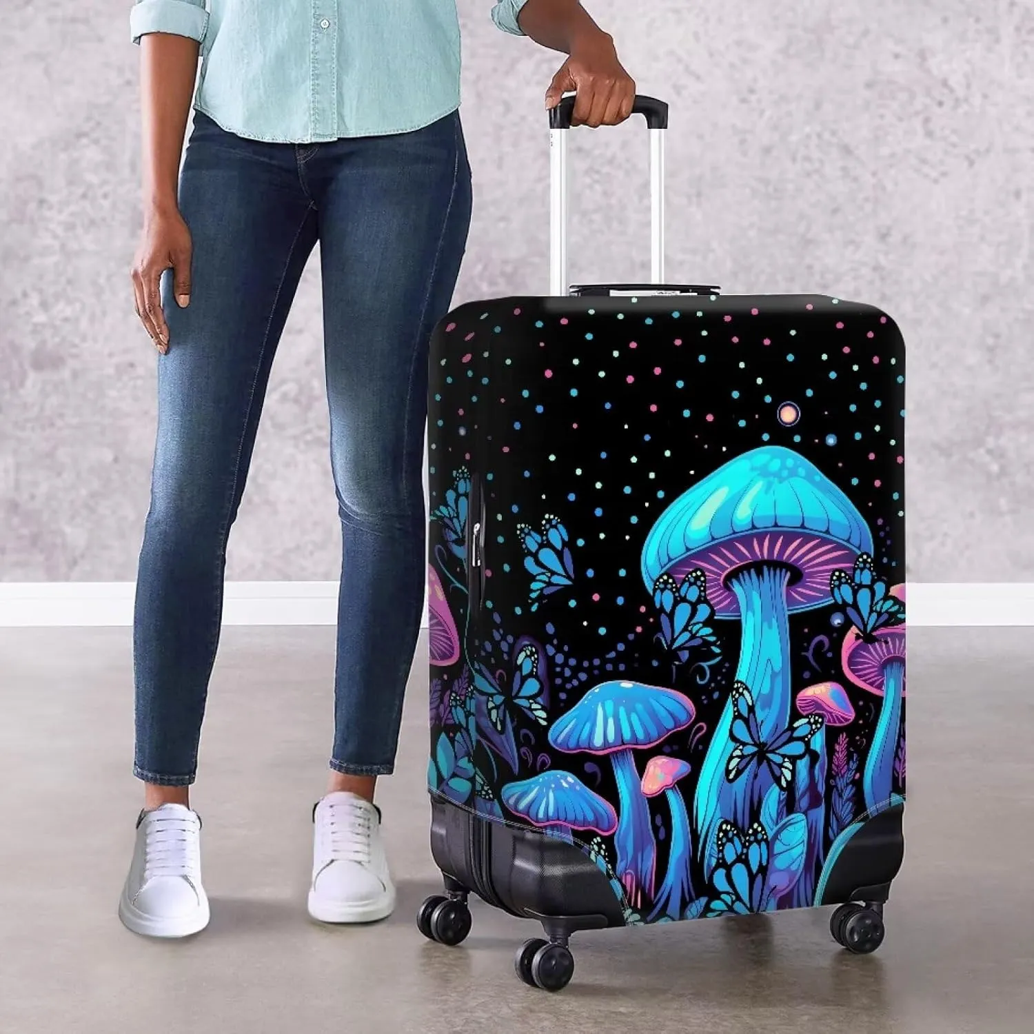 Blue Mushrooms Luggage Case Cover Luggage Suitcase Cover Protector Luggage Washable Covers Cute Aesthetic for 18/24/28/32 Inch Luggage Women Girls Carryon Luggage Cover-L