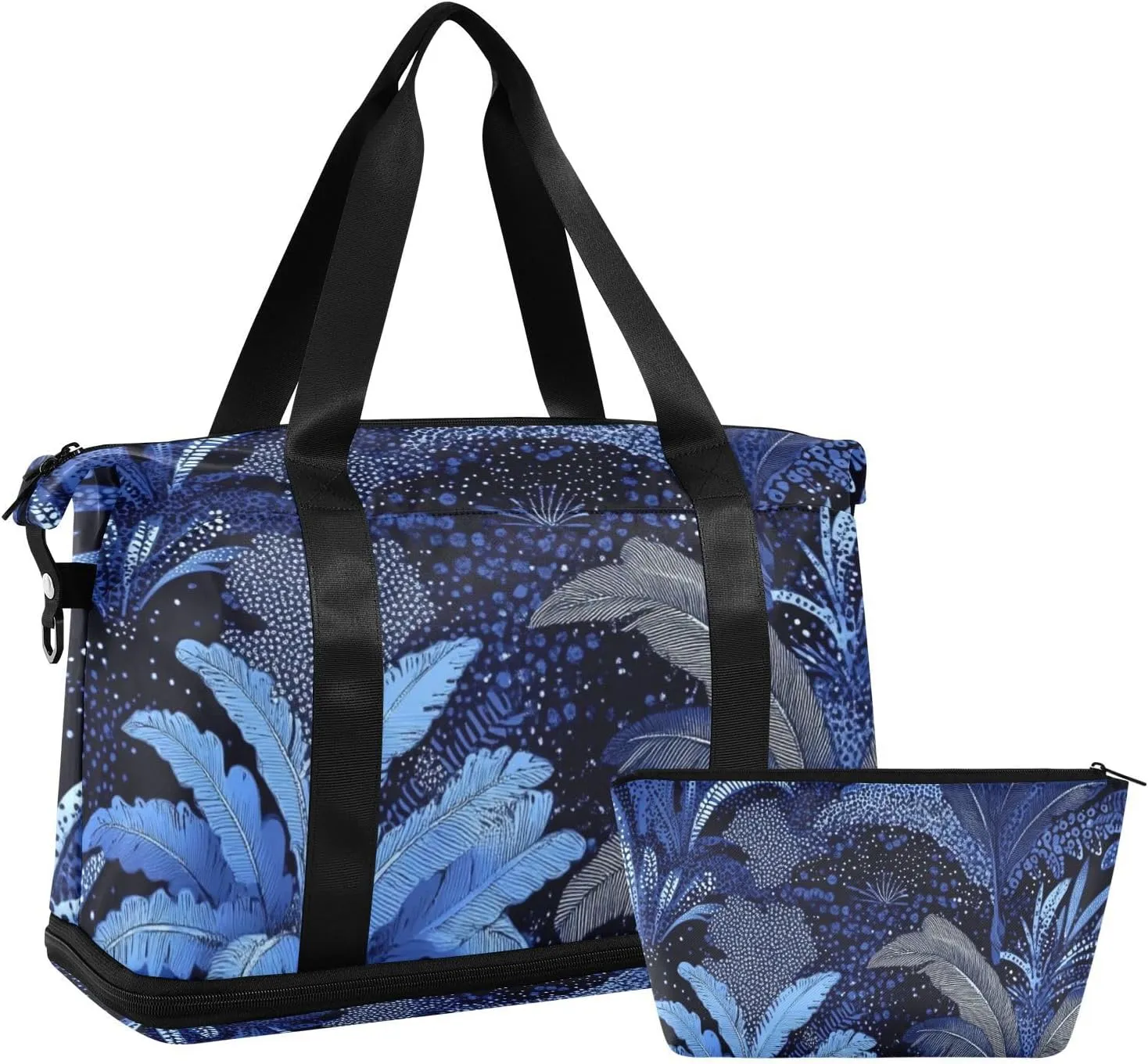 Blue Mystery Leaf Gym Bag Overnight Weekender Bags with Adjustable Strap for Hiking 2 Pcs Set