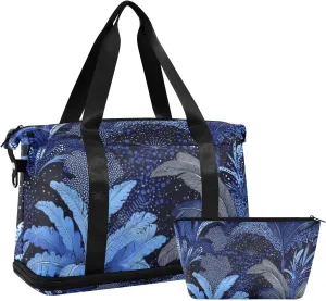 Blue Mystery Leaf Gym Bag Overnight Weekender Bags with Adjustable Strap for Hiking 2 Pcs Set