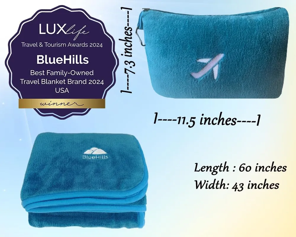 BlueHills Travel Blanket Pillow in Mini Soft Case Premium Plush Airplane Blanket in Soft Bag Compact Pack with Luggage Belt and Backpack Clip Airline Car 2 in 1 Traveler Essentials - Teal Blue M03