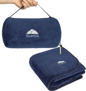 BlueHills Travel Blanket Pillow Rolled Premium Soft Plush Airplane Throw Traveling Essential Gift Compact in a Bag 70 X 48 inches Long Plane Flight Portable Lightweight Navy Blue R04