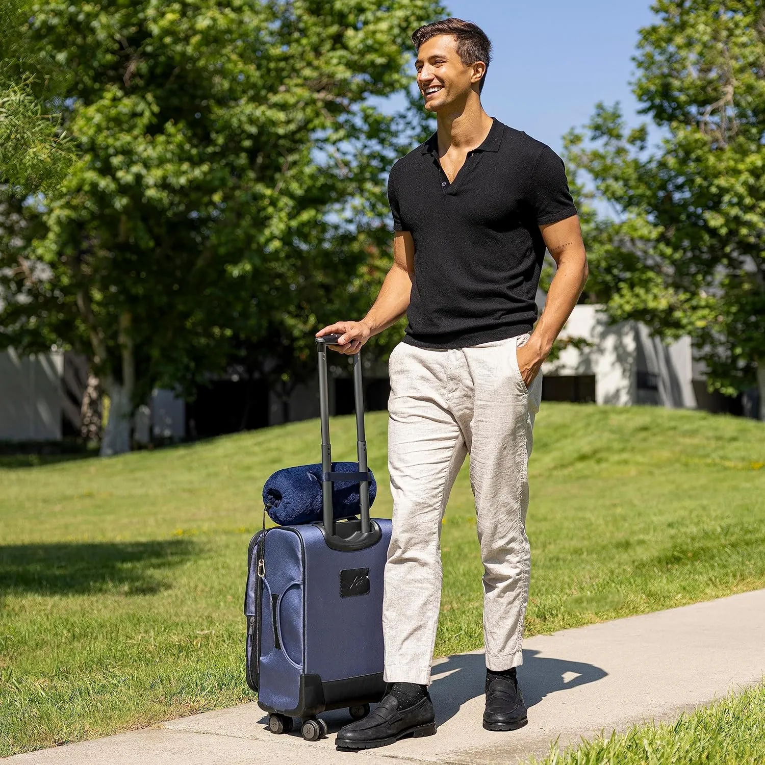 BlueHills Travel Blanket Pillow Rolled Premium Soft Plush Airplane Throw Traveling Essential Gift Compact in a Bag 70 X 48 inches Long Plane Flight Portable Lightweight Navy Blue R04