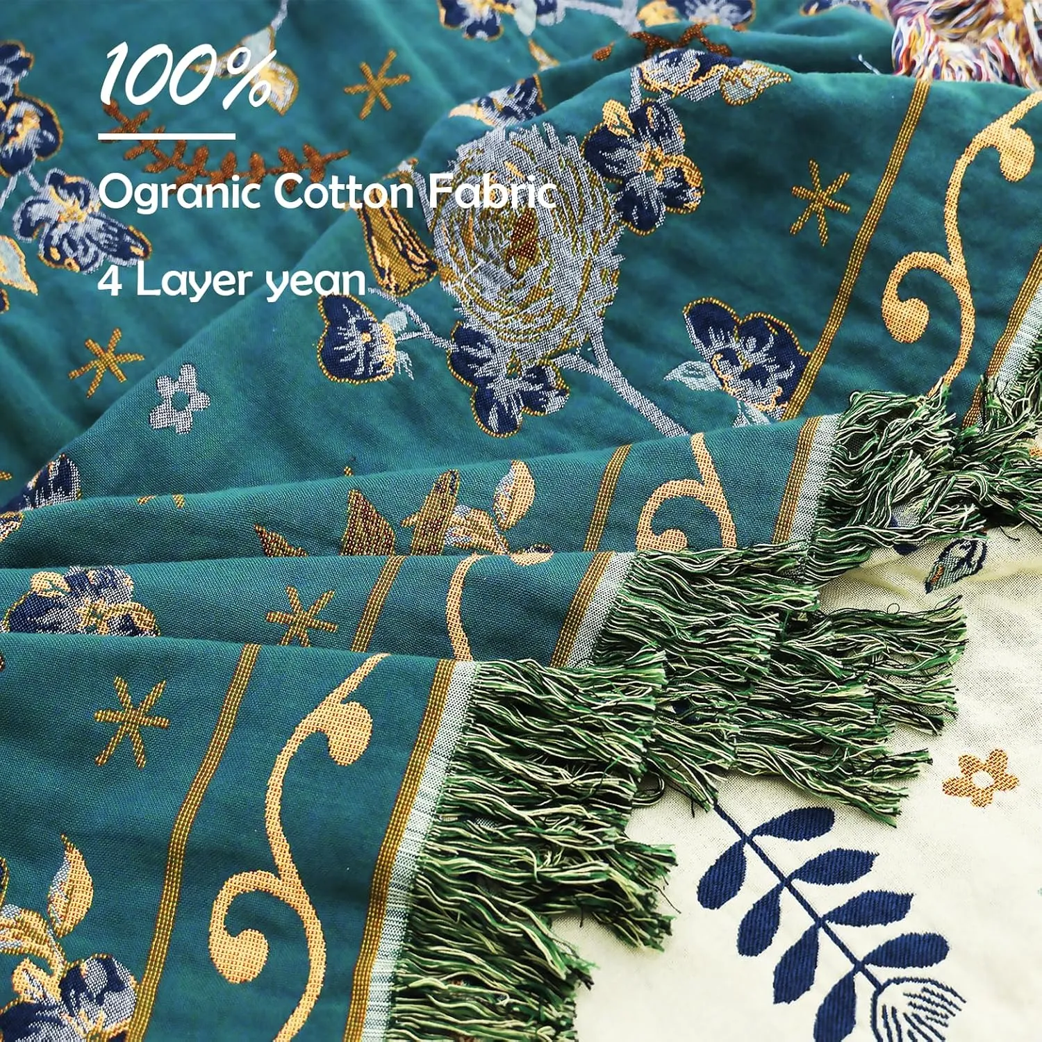 Boho 100% Muslin Organic Cotton Large Throw Blanket - All Season Rustic Ultra Soft Breathable Floral Bird Blanket for Bed Sofa Couch Chair Bedspread Quilt Gift, 60" x 80"-Teal,Beige