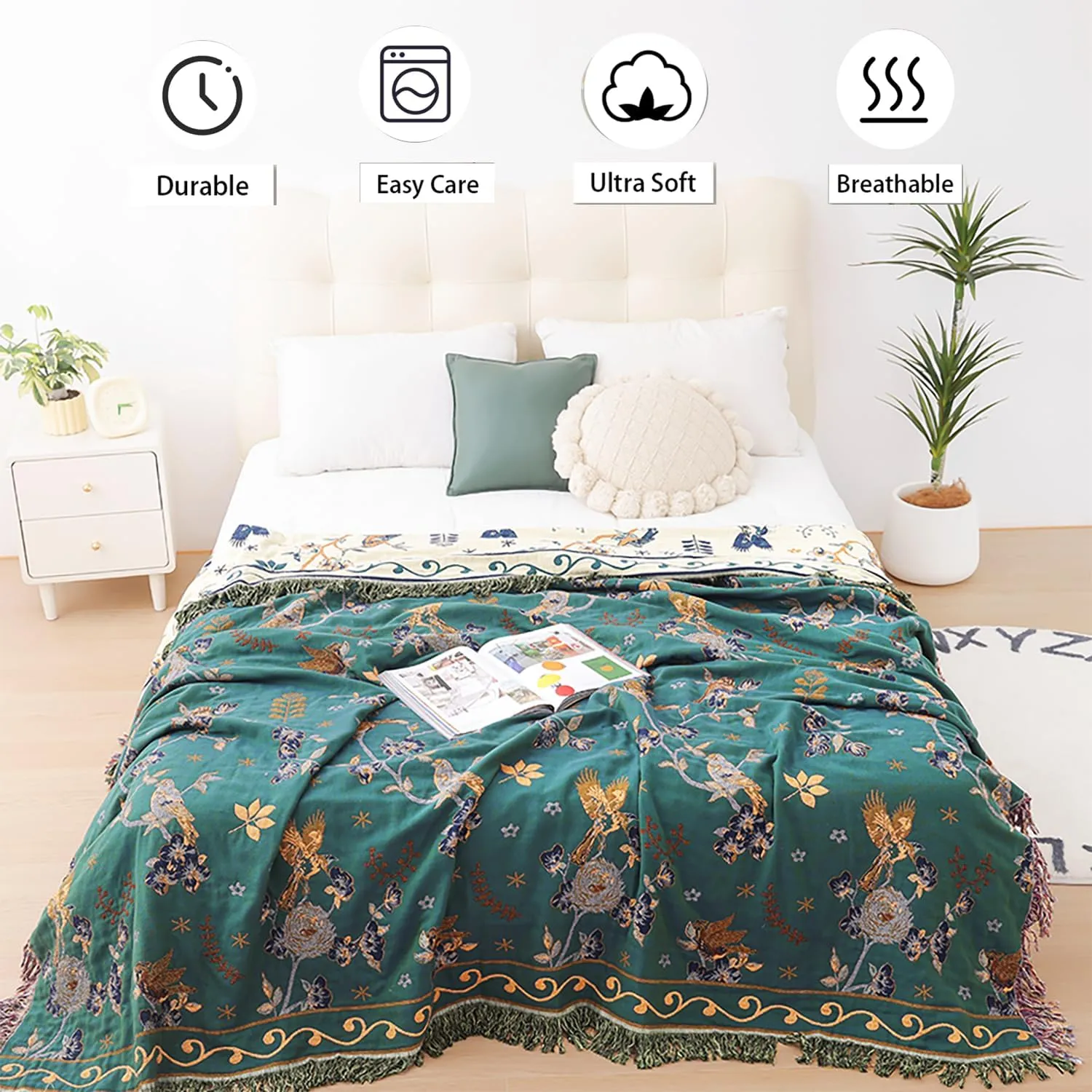 Boho 100% Muslin Organic Cotton Large Throw Blanket - All Season Rustic Ultra Soft Breathable Floral Bird Blanket for Bed Sofa Couch Chair Bedspread Quilt Gift, 60" x 80"-Teal,Beige