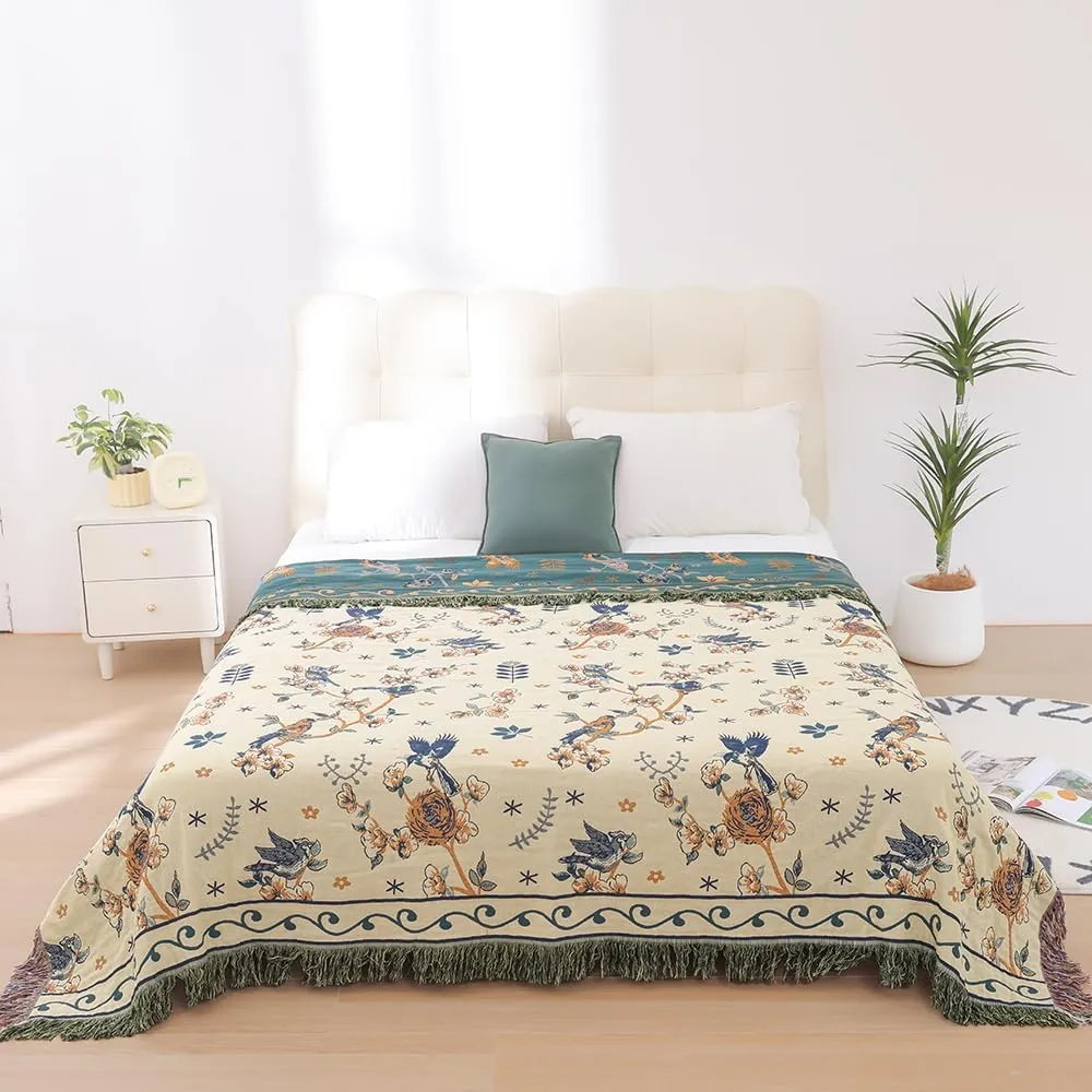 Boho 100% Muslin Organic Cotton Large Throw Blanket - All Season Rustic Ultra Soft Breathable Floral Bird Blanket for Bed Sofa Couch Chair Bedspread Quilt Gift, 60" x 80"-Teal,Beige