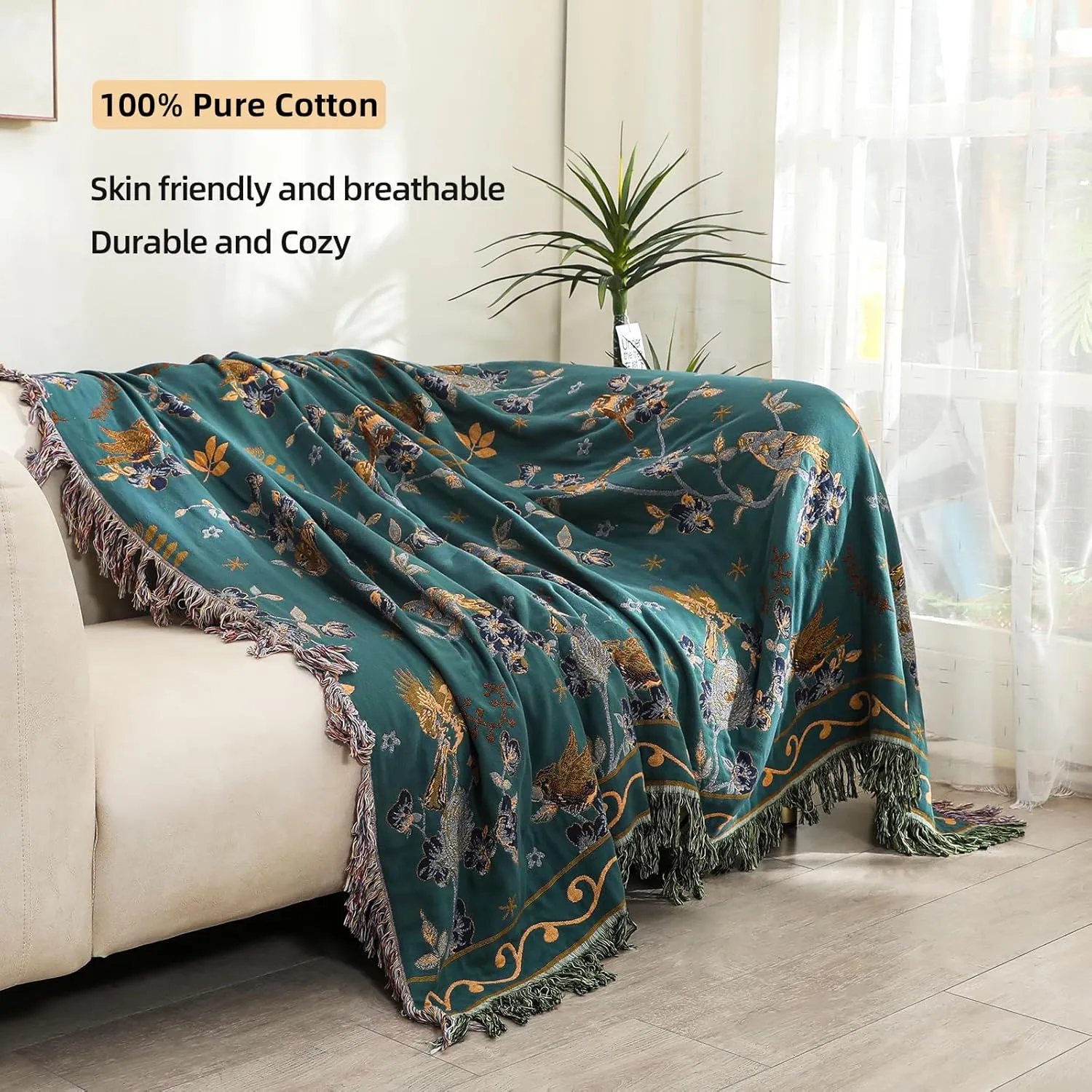 Boho 100% Muslin Organic Cotton Large Throw Blanket - All Season Rustic Ultra Soft Breathable Floral Bird Blanket for Bed Sofa Couch Chair Bedspread Quilt Gift, 60" x 80"-Teal,Beige