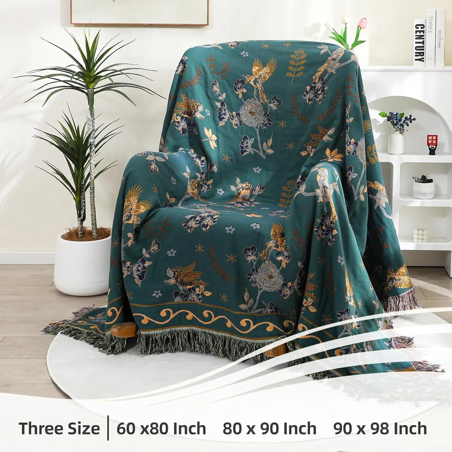 Boho 100% Muslin Organic Cotton Large Throw Blanket - All Season Rustic Ultra Soft Breathable Floral Bird Blanket for Bed Sofa Couch Chair Bedspread Quilt Gift, 60" x 80"-Teal,Beige