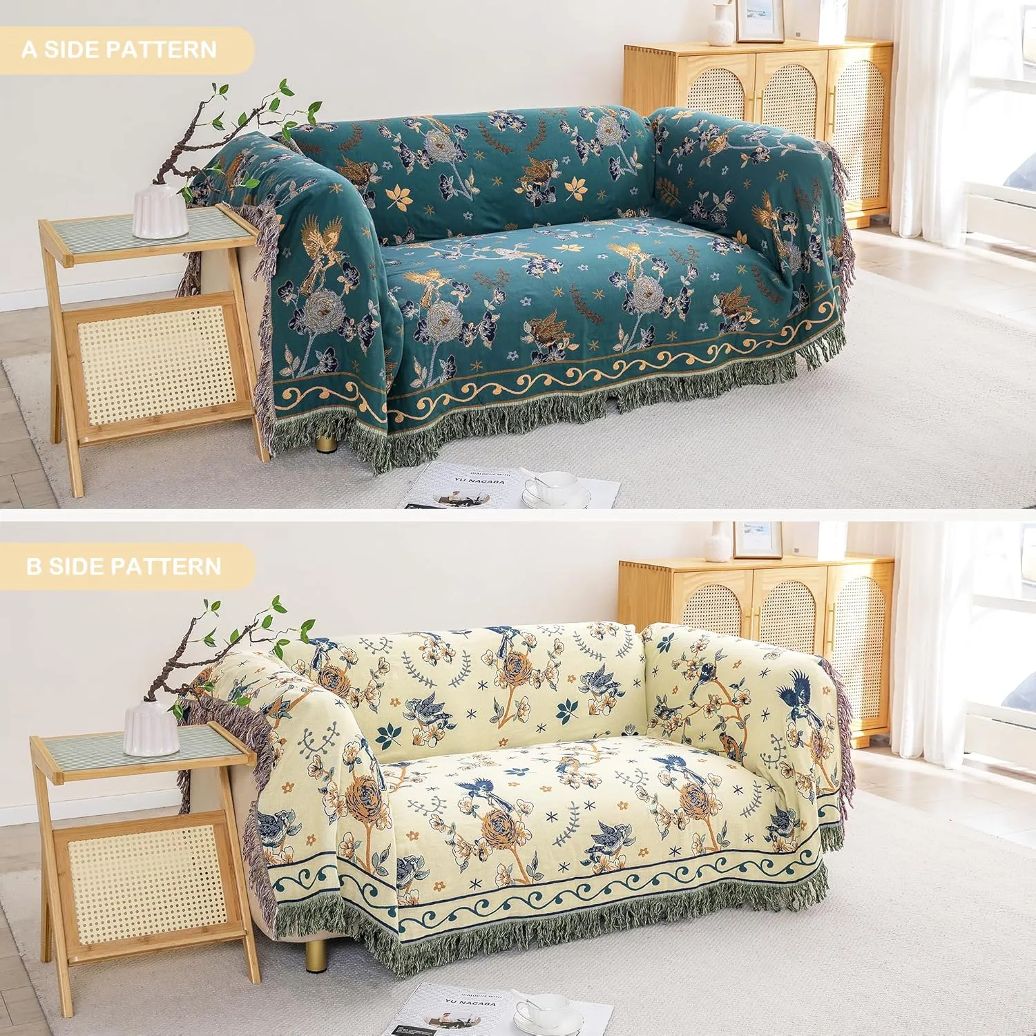 Boho 100% Muslin Organic Cotton Large Throw Blanket - All Season Rustic Ultra Soft Breathable Floral Bird Blanket for Bed Sofa Couch Chair Bedspread Quilt Gift, 60" x 80"-Teal,Beige