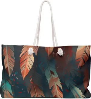 Boho Feather Weekender Bag – Oversized Canvas Tote with Stylish Feather Print – Perfect for Beach, Travel, or Everyday Use