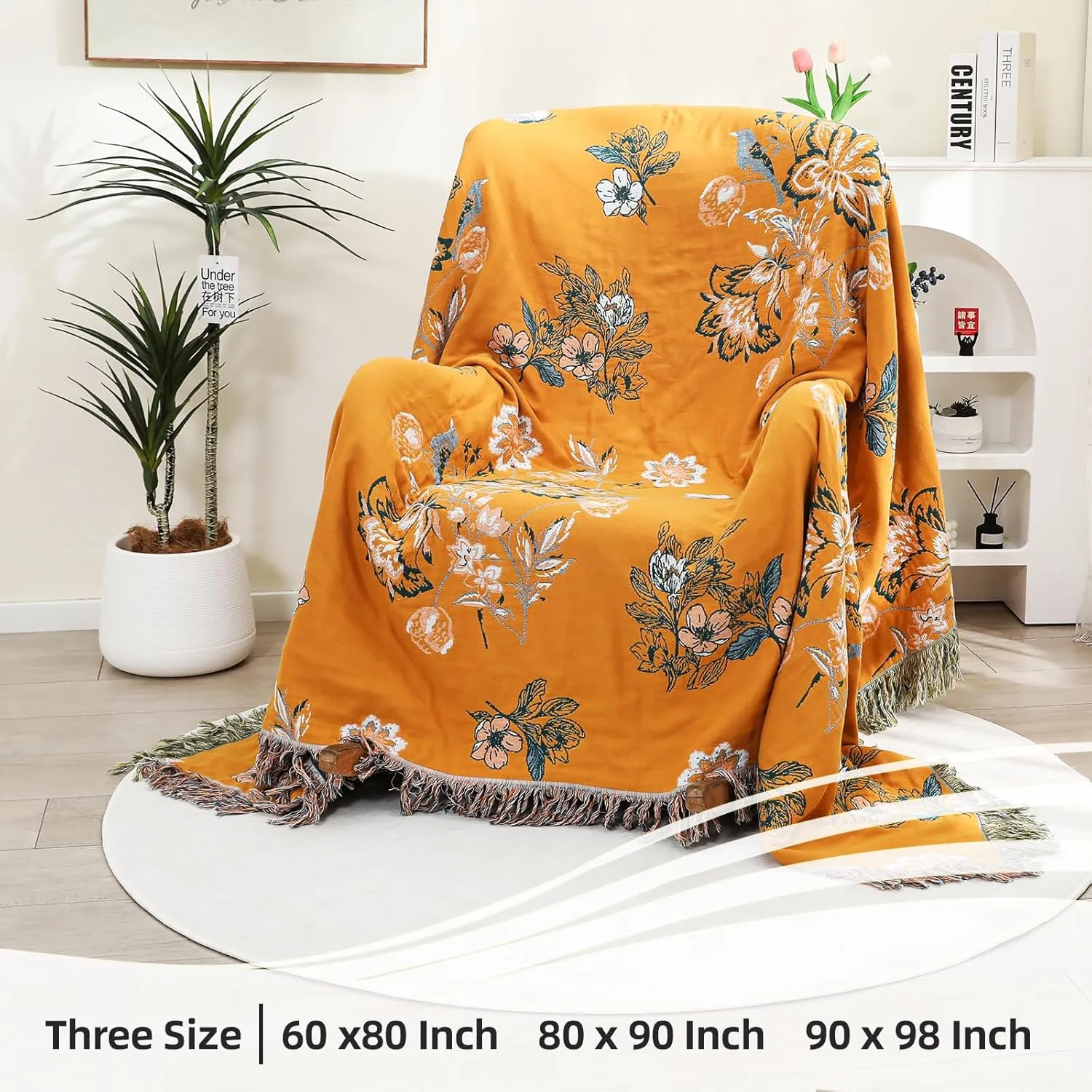 Boho Large Throw Blanket, 100% Organic Cotton Breathable Soft Bed Throw - Floral Bird Farmhouse Decor Blanket for Sofa Couch Chair Quilt and Gift. (Flower-Art, 60" x 80")