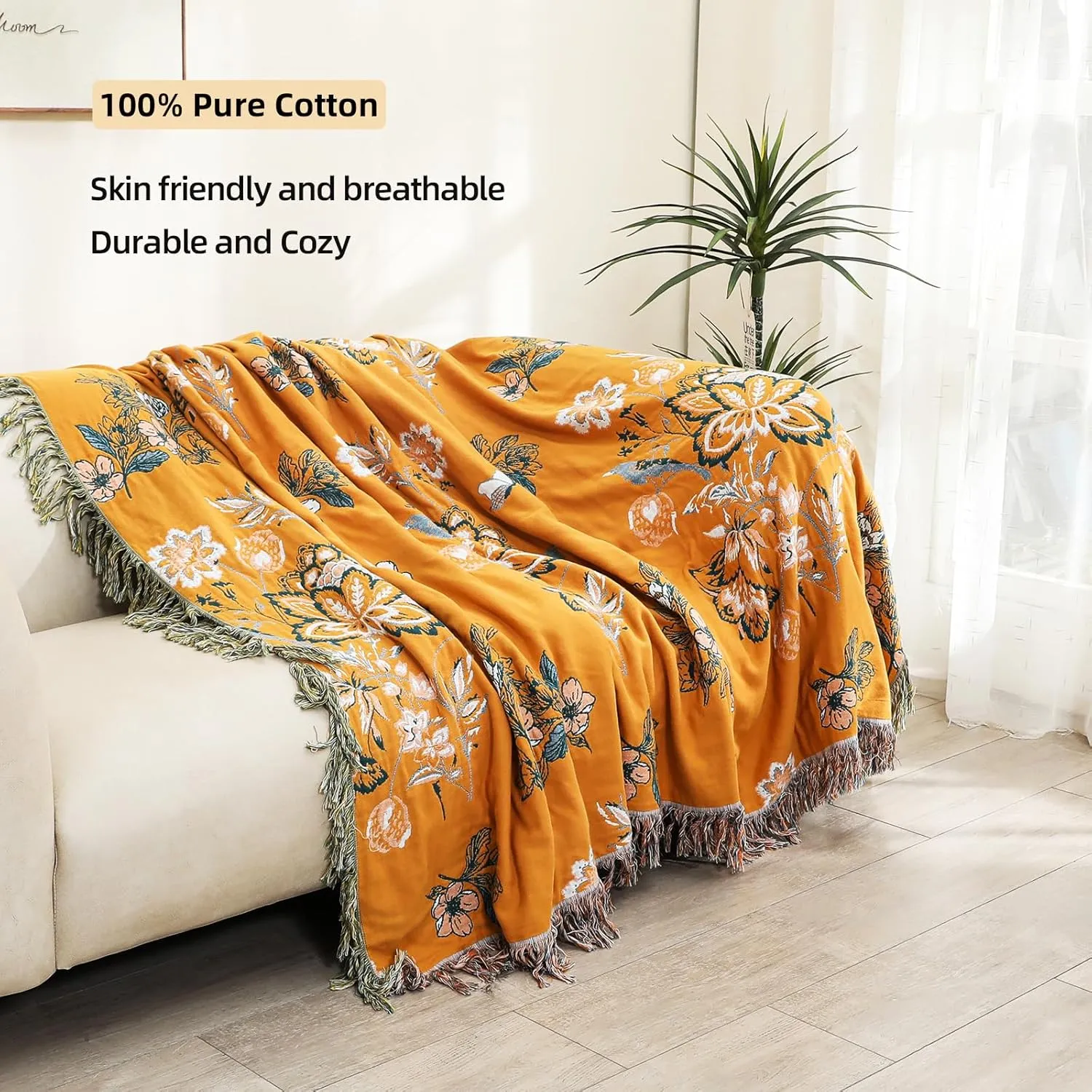 Boho Large Throw Blanket, 100% Organic Cotton Breathable Soft Bed Throw - Floral Bird Farmhouse Decor Blanket for Sofa Couch Chair Quilt and Gift. (Flower-Art, 60" x 80")