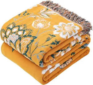 Boho Large Throw Blanket, 100% Organic Cotton Breathable Soft Bed Throw - Floral Bird Farmhouse Decor Blanket for Sofa Couch Chair Quilt and Gift. (Flower-Art, 60" x 80")