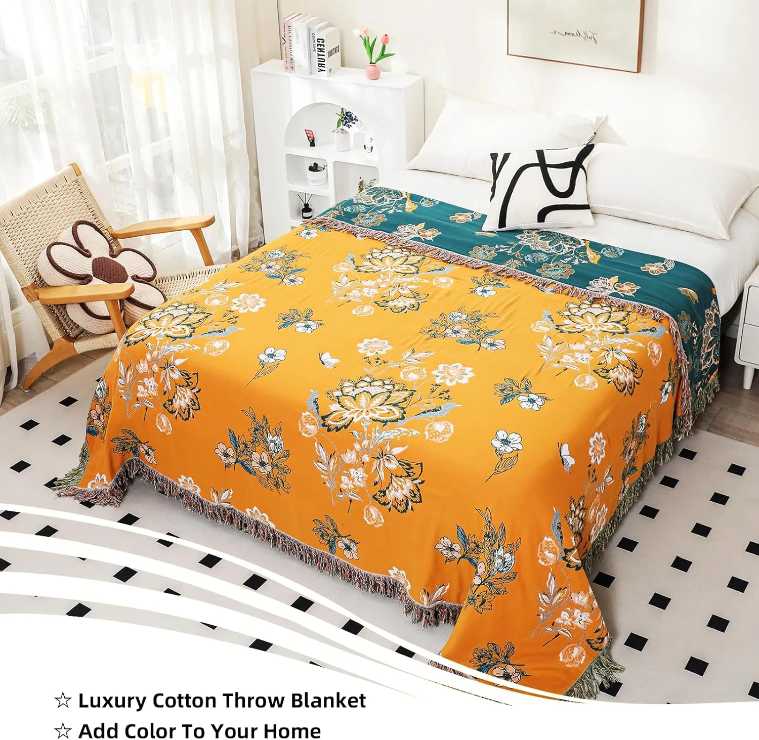 Boho Large Throw Blanket, 100% Organic Cotton Breathable Soft Bed Throw - Floral Bird Farmhouse Decor Blanket for Sofa Couch Chair Quilt and Gift. (Flower-Art, 60" x 80")